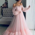 Light Pink Off the Shoulder Ball Gown Tulle Wedding Dress with Appliques