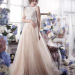 Champagne Lace Tulle A-Line Wedding Dress with V-Back and Sleeveless Design
