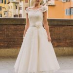 Midi-Length Lace Tulle Wedding Dress with Cap Sleeves