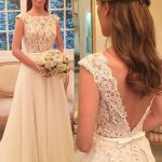 Chiffon A-Line Bridal Gown with Cap Sleeves and V-Back Sweep