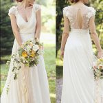 Cap Sleeve Surplice Lace Chiffon A-Line Wedding Gown