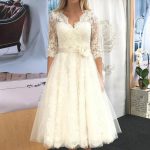 3/4 Sleeve Tulle Lace Tea-Length A-Line Wedding Dress with V-Neck and Flower Embellishment