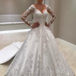 V-Neck Illusion Sleeve Panel Train Lace Satin A-Line Bridal Dress