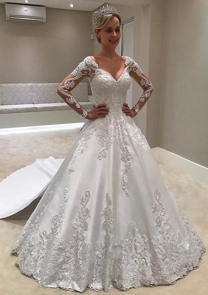 V-Neck Illusion Sleeve Panel Train Lace Satin A-Line Bridal Dress