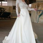 Long Sleeve Sweep Lace Satin A-Line Wedding Dress with V-Neck