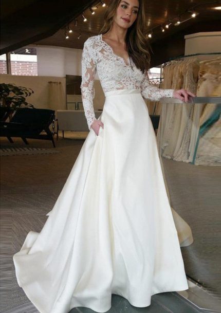 Long Sleeve Sweep Lace Satin A-Line Wedding Dress with V-Neck