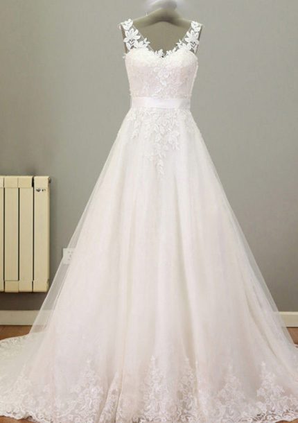 Sleeveless Illusion Lace Tulle A-Line Wedding Dress with V-Neck and Sash