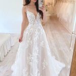 Plunging Spaghetti Strap Court Train Lace Tulle A-Line Wedding Dress