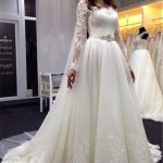 Scalloped Bateau Lace Tulle Long Sleeve A-Line Wedding Dress