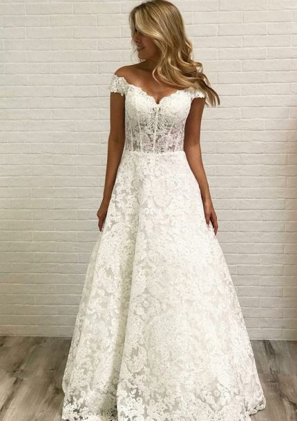 Off-Shoulder Corset Floor-Length Lace A-Line Wedding Dress