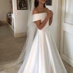 Off-Shoulder Court Satin A-Line Wedding Dress with Ribbon Bowknot