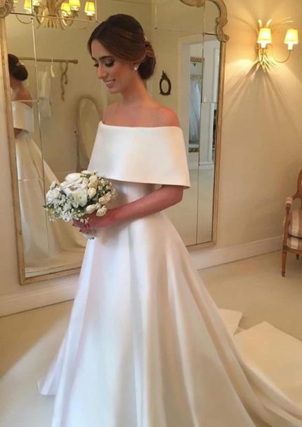 Off-Shoulder Court Train Satin A-Line Bridal Wedding Dress