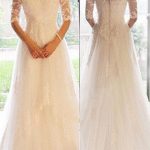Off-Shoulder Half Sleeve Lace Tulle A-Line Bridal Wedding Dress with Beaded Details