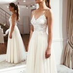 Simple Long Lace Tulle A-Line Bridal Dress with Pleated Skirt and V-Neck Straps