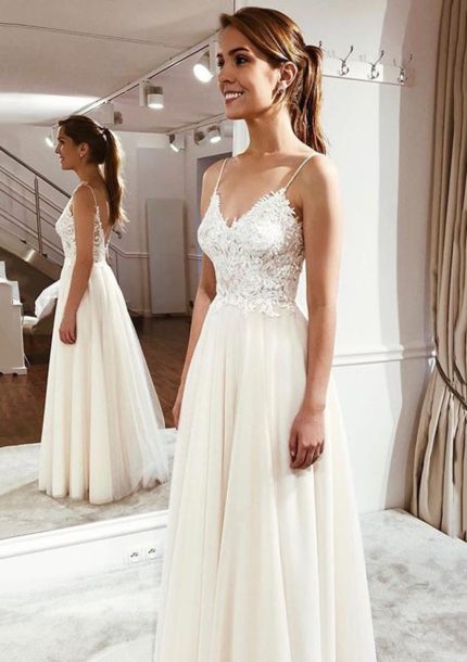 Simple Long Lace Tulle A-Line Bridal Dress with Pleated Skirt and V-Neck Straps