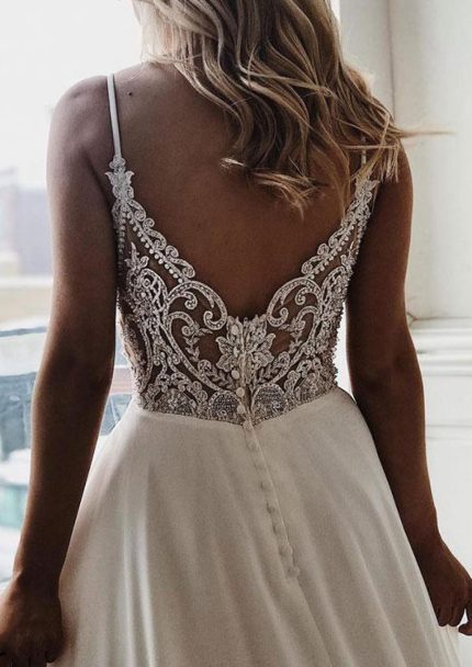 V-Neck Open Back Chapel Lace Chiffon A-Line Wedding Dress with Straps