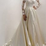 Champagne Satin A-Line Wedding Dress with Sweetheart Court Train and Lace Details