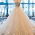 Graceful Bateau Cap Sleeve Chapel Lace Wedding Dress