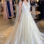 Bateau Appliques Lace Sequins Tulle Wedding DressLong A-Line Style