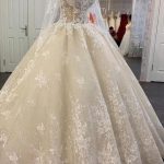 Bateau Neck Lace Appliqued Gold Sash Wedding Dress with SleevesLong A-Line Style
