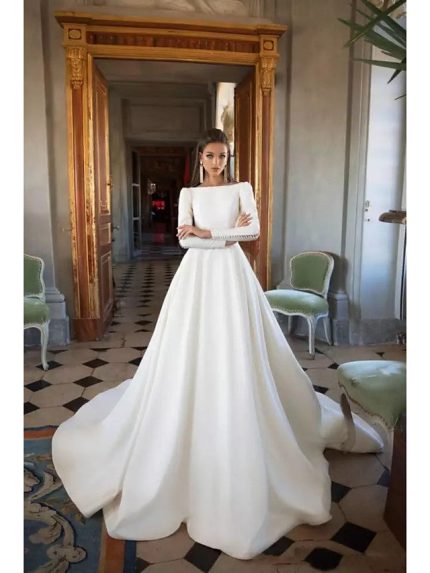 Deep V Neck Tulle Wedding DressLong A-Line Style