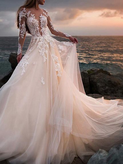 Court Train Lace Tulle Wedding Dresses with SleevesLong A-Line Style