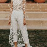 Jewel Neck Lace Satin Jumpsuits Wedding Dresses with SleevesLong A-Line Style