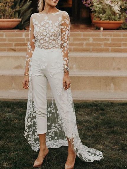 Jewel Neck Lace Satin Jumpsuits Wedding Dresses with SleevesLong A-Line Style