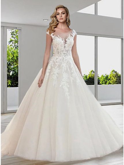 Sweep Brush Train Lace Tulle Backless Wedding DressesLong A-Line Style