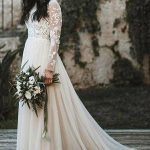 Lace Scoop Neck Tulle Wedding Dress with SleevesLong A-Line Style