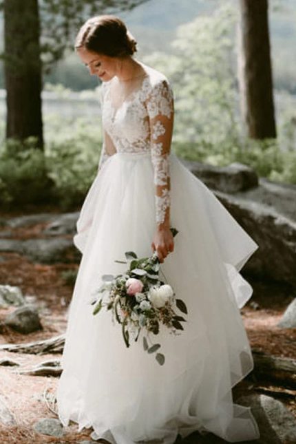 Lace Tulle Backless Wedding Dress with SleevesLong A-Line Style
