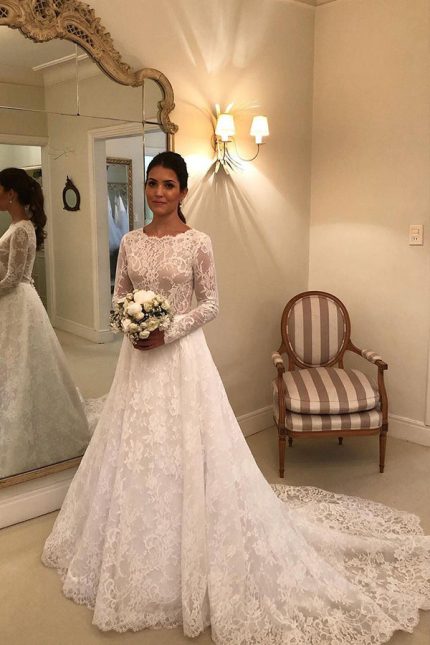 Lace Wedding Dress with SleevesLong A-Line Style
