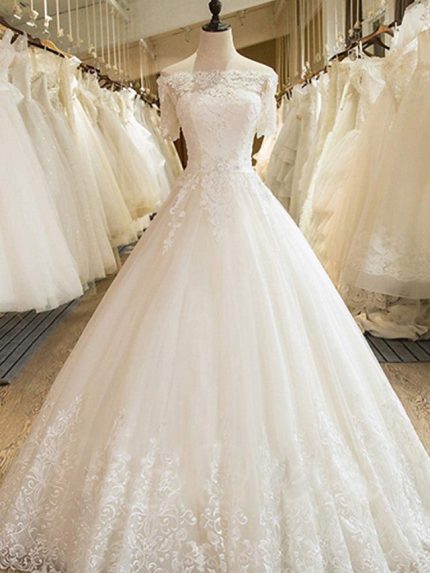 Off Shoulder Court Train Lace Tulle Wedding Dresses with SleevesLong A-Line Style