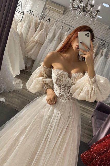 Off The Shoulder Appliques Tulle Wedding Dress with SleevesLong A-Line Style