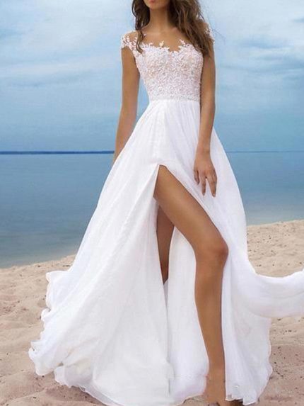 Off The Shoulder Chiffon Backless Wedding Dresses with SlitLong A-Line Style