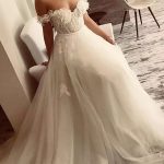 Romantic Off-The-Shoulder Lace Tulle Bridal Dress with Long A-Line Style