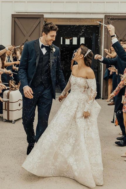 Off The Shoulder Lace Wedding Dress With SleevesLong A-Line Style