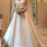 Off The Shoulder Satin Wedding Dresses with Lace SleevesLong A-Line Style