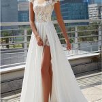 Sweep Brush Train Lace Satin Wedding Dresses with SlitLong A-Line Style