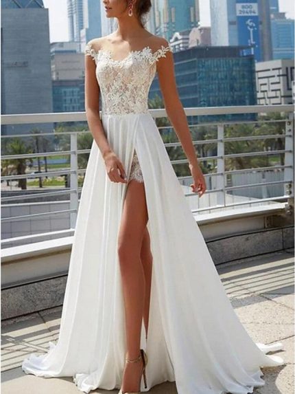 Sweep Brush Train Lace Satin Wedding Dresses with SlitLong A-Line Style