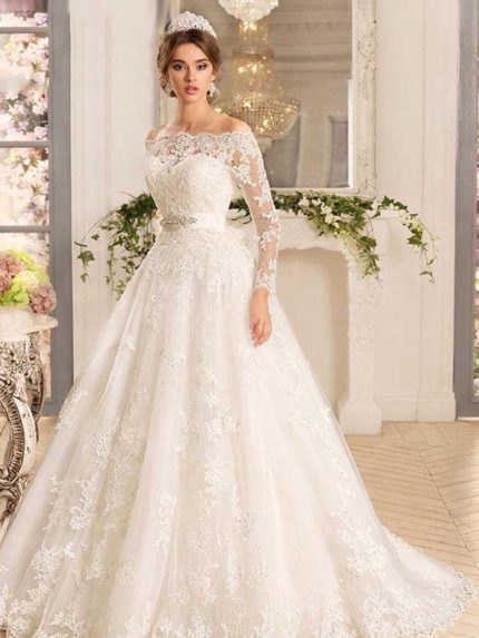 Tulle Lace Wedding Dresses with Sleeves and Off-the-Shoulder DesignLong A-Line Style