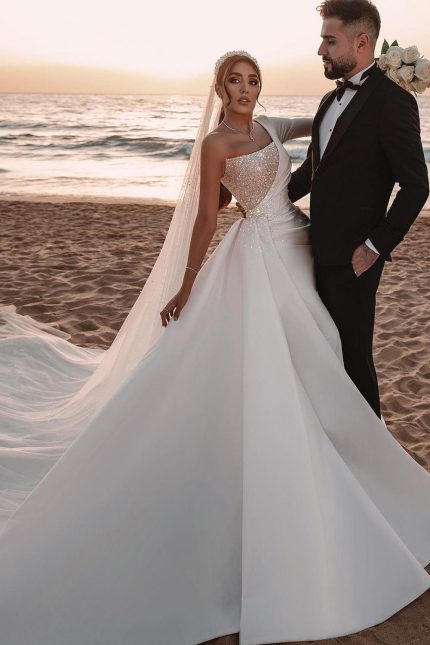 One Shoulder Sequins Satin Wedding Dress with SleevesLong A-Line Style