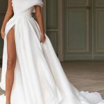 Sweep Brush Train Chiffon Wedding Dresses with SlitLong A-Line Style and One Shoulder