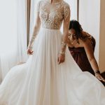 Open Back Chiffon Appliques Lace Wedding Dress with SleevesLong A-Line Style