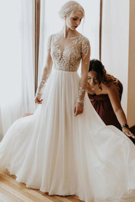 Open Back Chiffon Appliques Lace Wedding Dress with SleevesLong A-Line Style