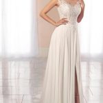 Chiffon Lace Backless Wedding Dresses with SlitLong A-Line Style and Scoop Neck