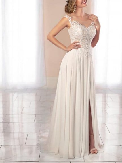 Chiffon Lace Backless Wedding Dresses with SlitLong A-Line Style and Scoop Neck