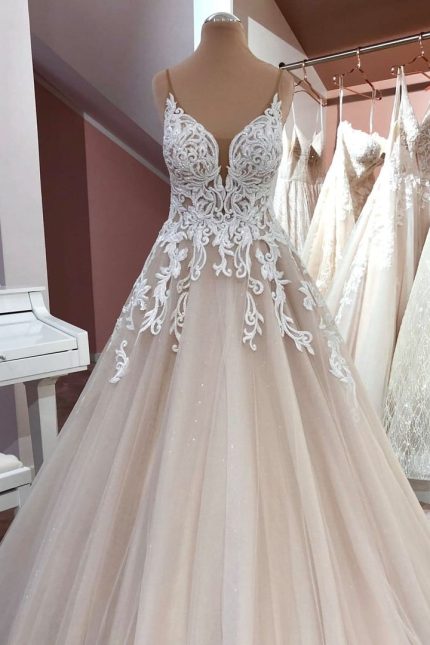 Sequin Tulle Spaghetti Straps Appliques Lace Wedding DressLong A-Line Style