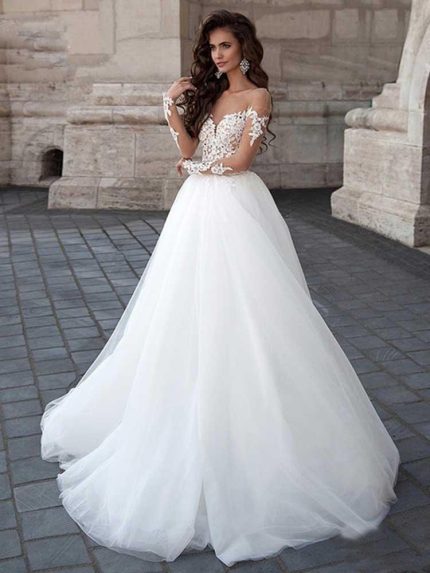 Sleeve Lace Tulle Backless Wedding Dresses with SleevesLong A-Line Style