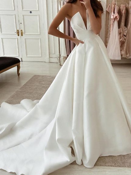 Strapless Sweep Brush Train Stretch Satin Wedding DressesLong A-Line Style